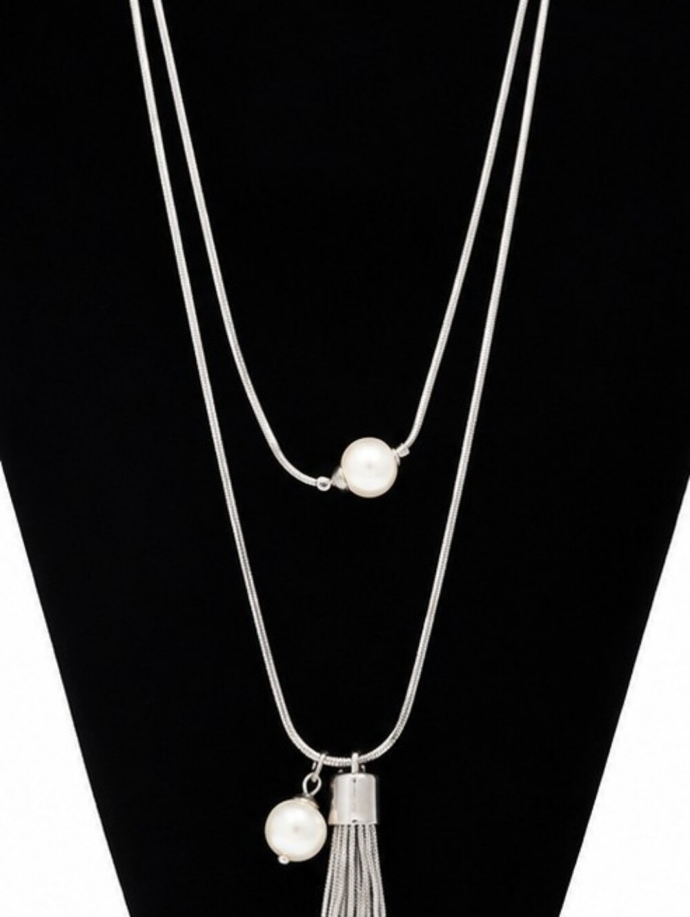 White House Black Market Silver Tone Tassel Necklace Faux Pearl Long Statement - Picture 5 of 7